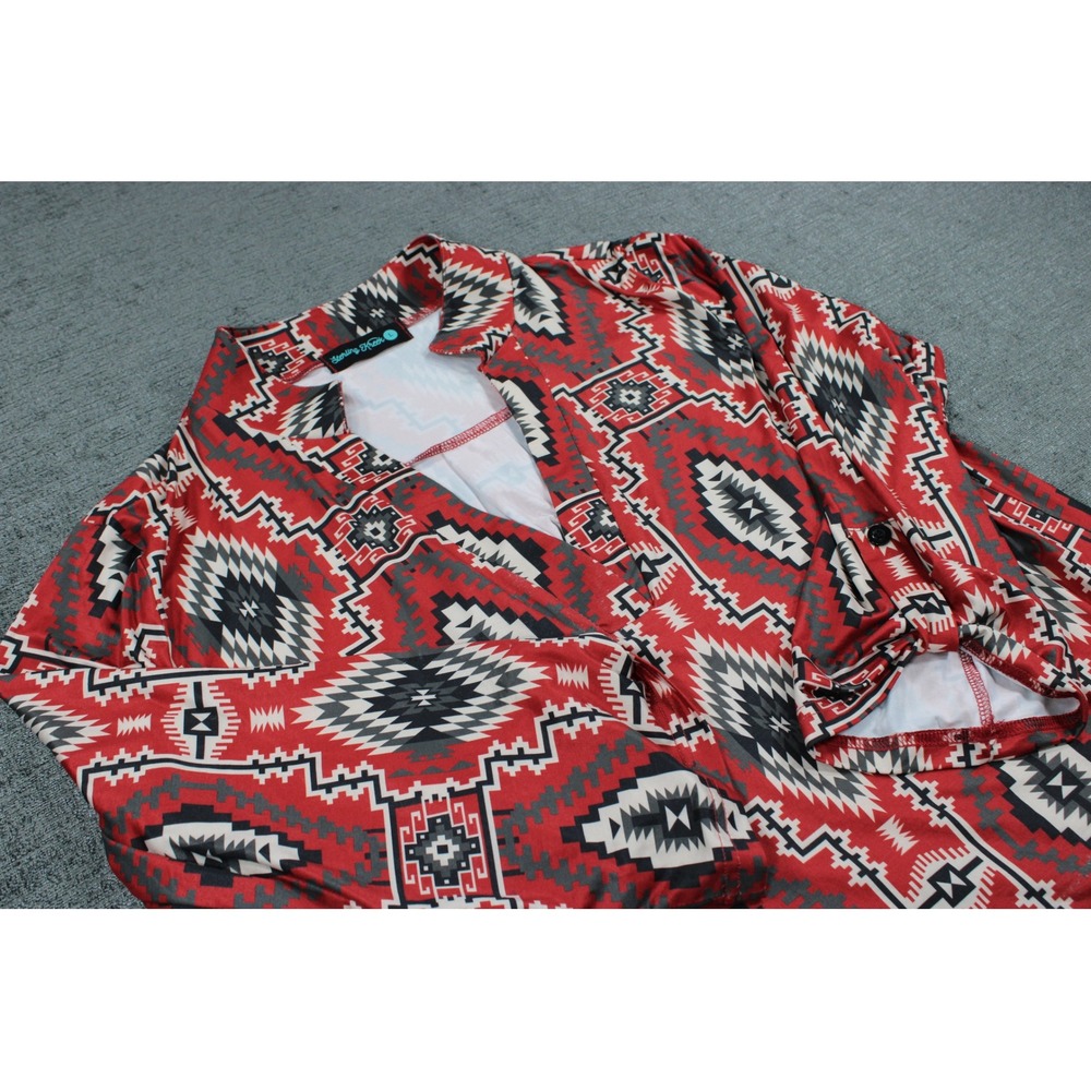 Sterling Kreek Red Southwestern Geometric Print V-Neck Tunic Top Large